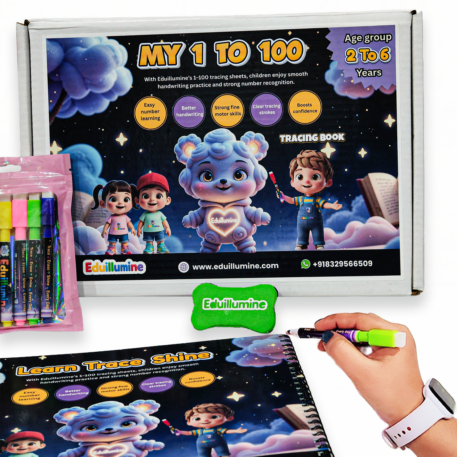 Eduillumine Kids 1–100 Tracing Book Write and Wipe Early Learning Kit (Multicolor) - Image 3