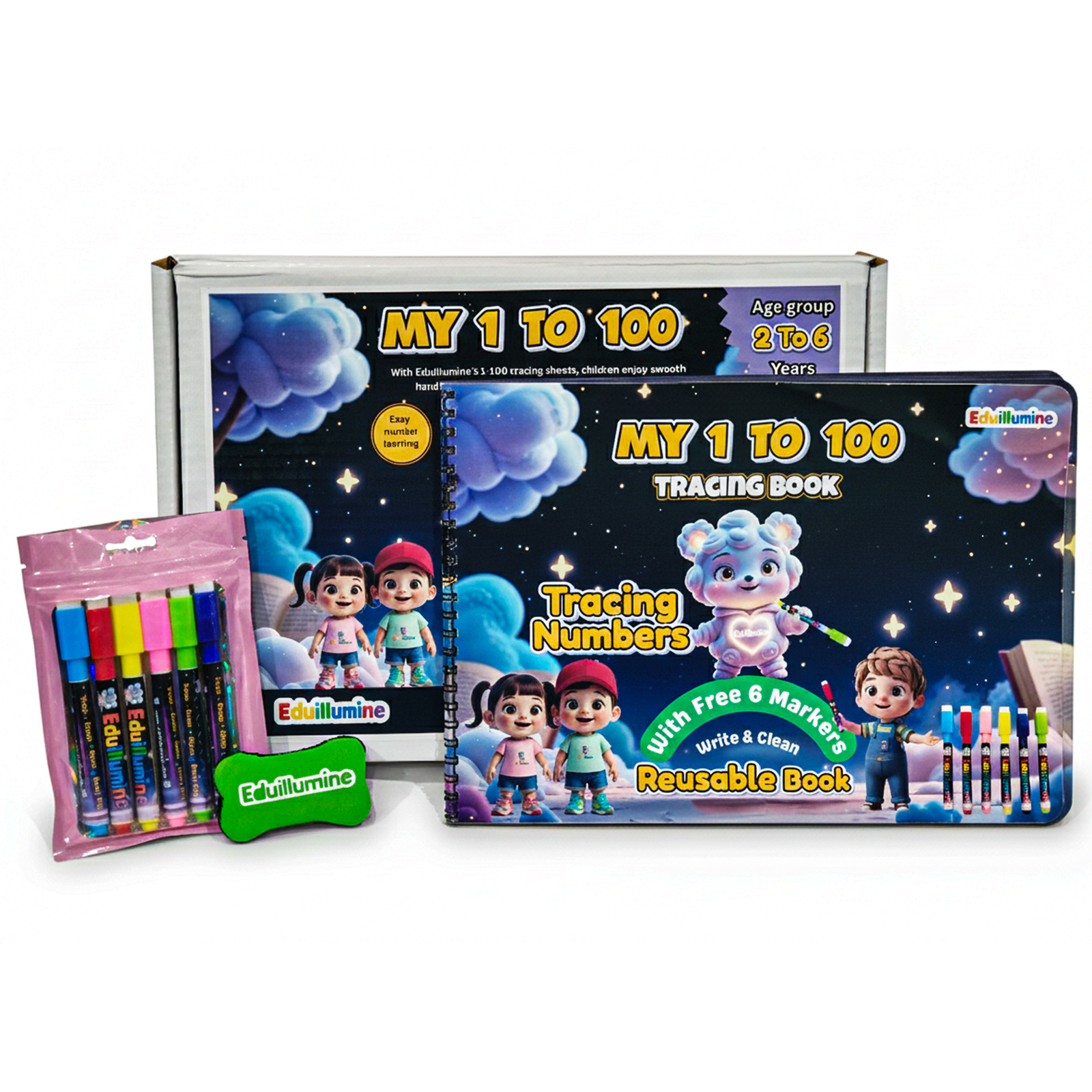 Eduillumine Kids 1–100 Tracing Book Write and Wipe Early Learning Kit (Multicolor)